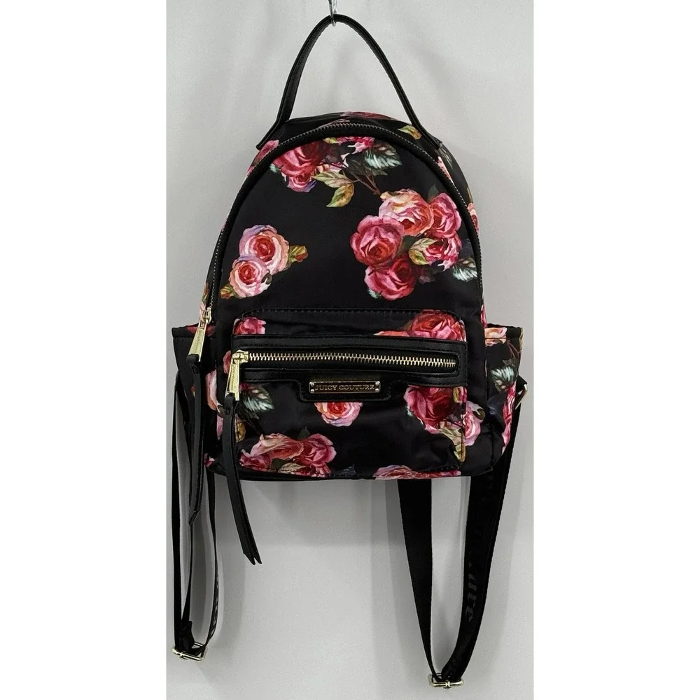 Juicy Couture Mini Backpack Red‎ Pink Roses Black Logo Straps Pockets